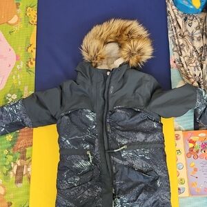 Kids Puffer Jacket with Fur Hood - Black and Gray